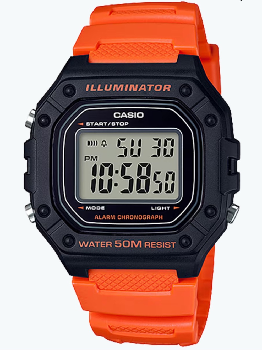 Casio W218H-4B2VC50 Meter WR Chronograph Watch, Alarm, Orange Resin.